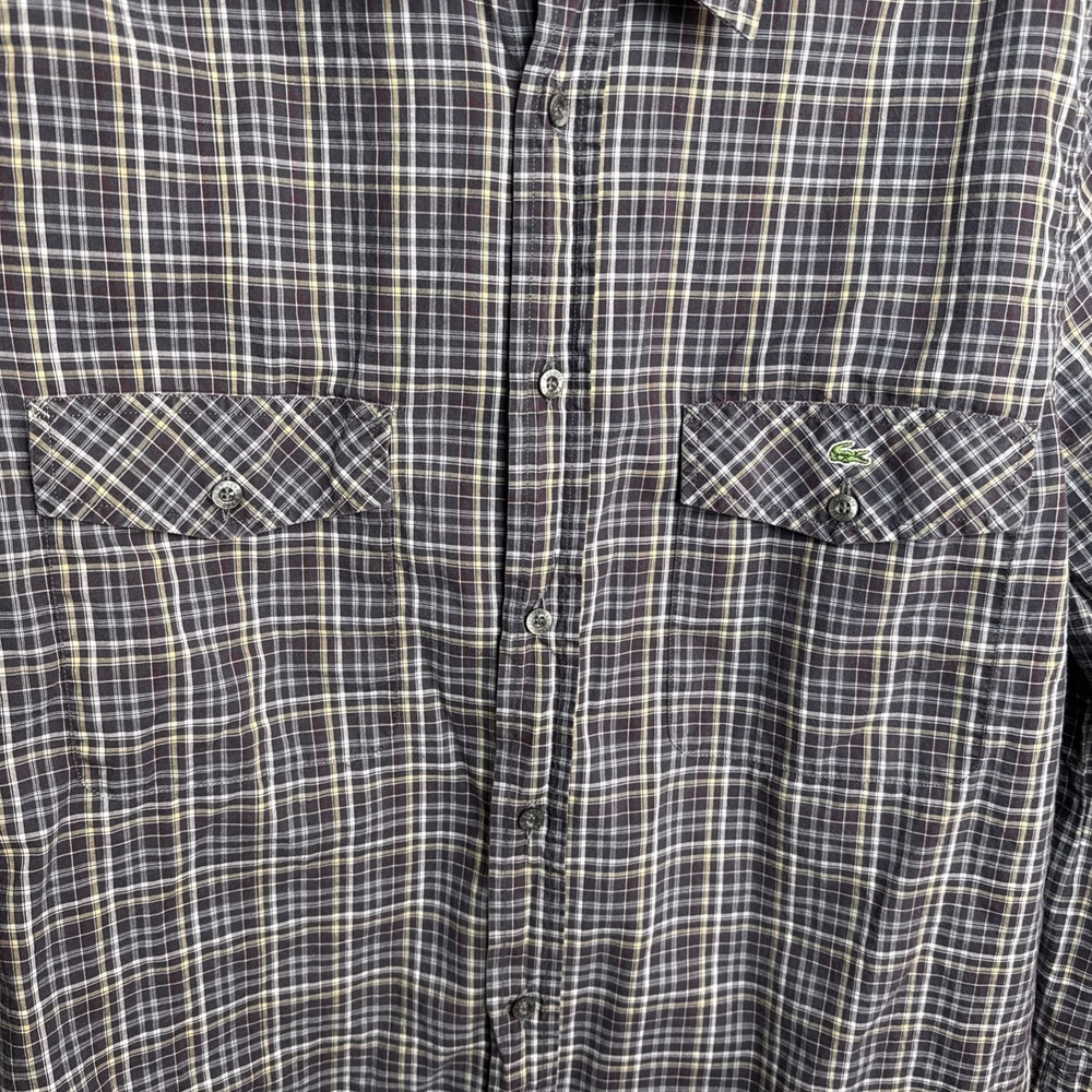 Lacoste 42 Mens Plaid Button Up Shirt L/S Flannel‎ Cotton Casual Brown Grey Top - Picture 2 of 7